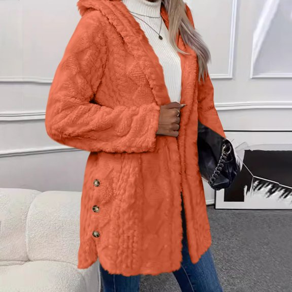 Mgmyaa Womens Winter Plush Hooded Jacket Long Sleeve Button Front Fleece Warm Long Coat