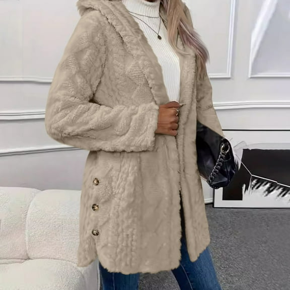 Mgmyaa Womens Winter Plush Hooded Jacket Long Sleeve Button Front Fleece Warm Long Coat