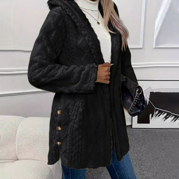 Mgmyaa Womens Winter Plush Hooded Jacket Long Sleeve Button Front Fleece Warm Long Coat