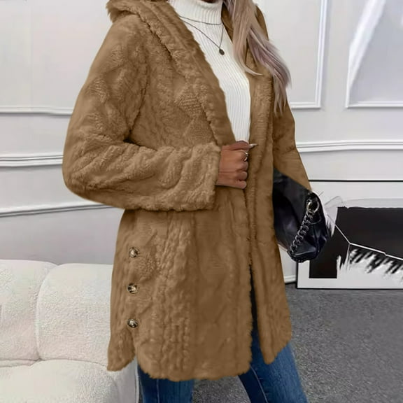Mgmyaa Womens Winter Plush Hooded Jacket Long Sleeve Button Front Fleece Warm Long Coat