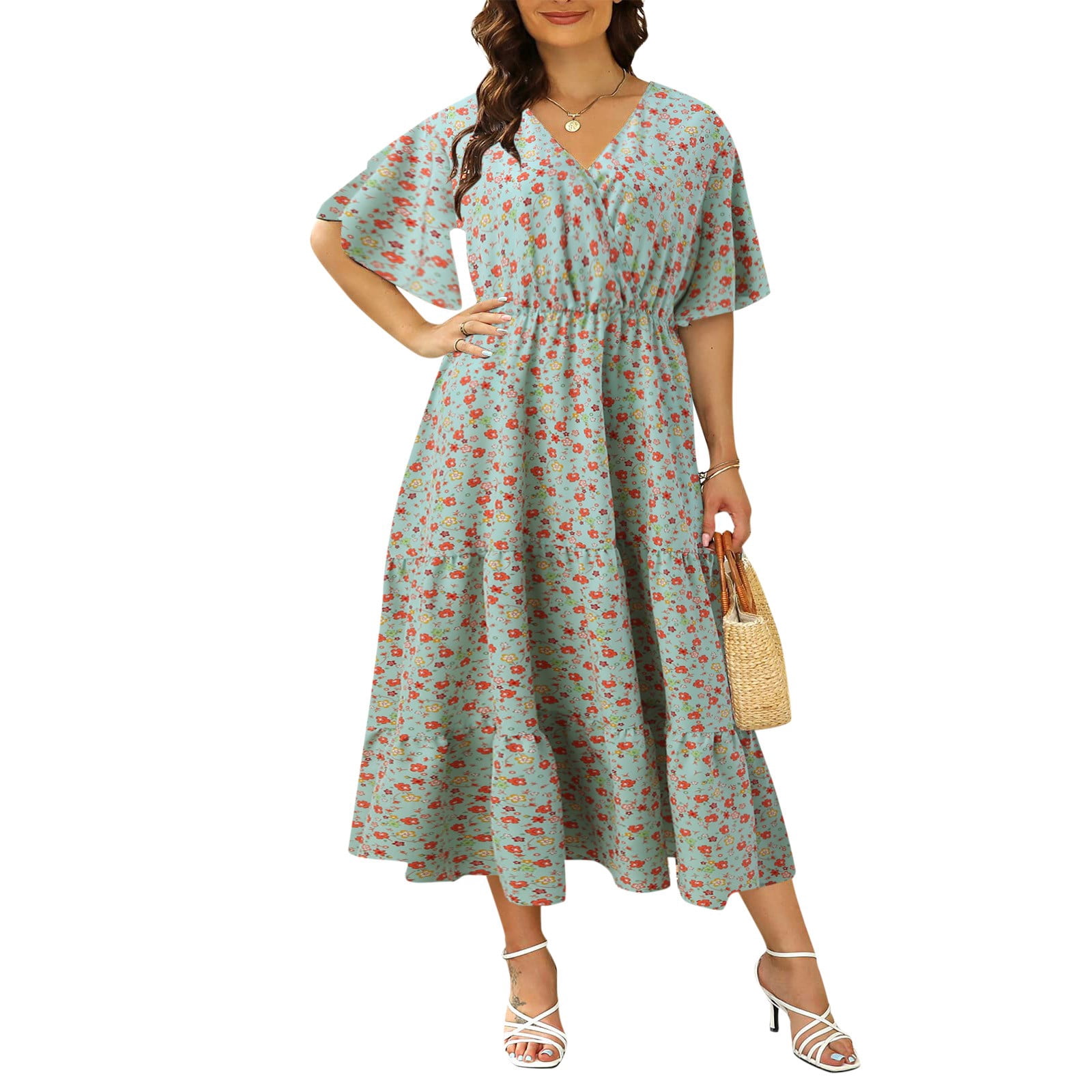 Mgoohoen Plus Size Casual Summer Dresses Puff Sleeve Wrap V Neck