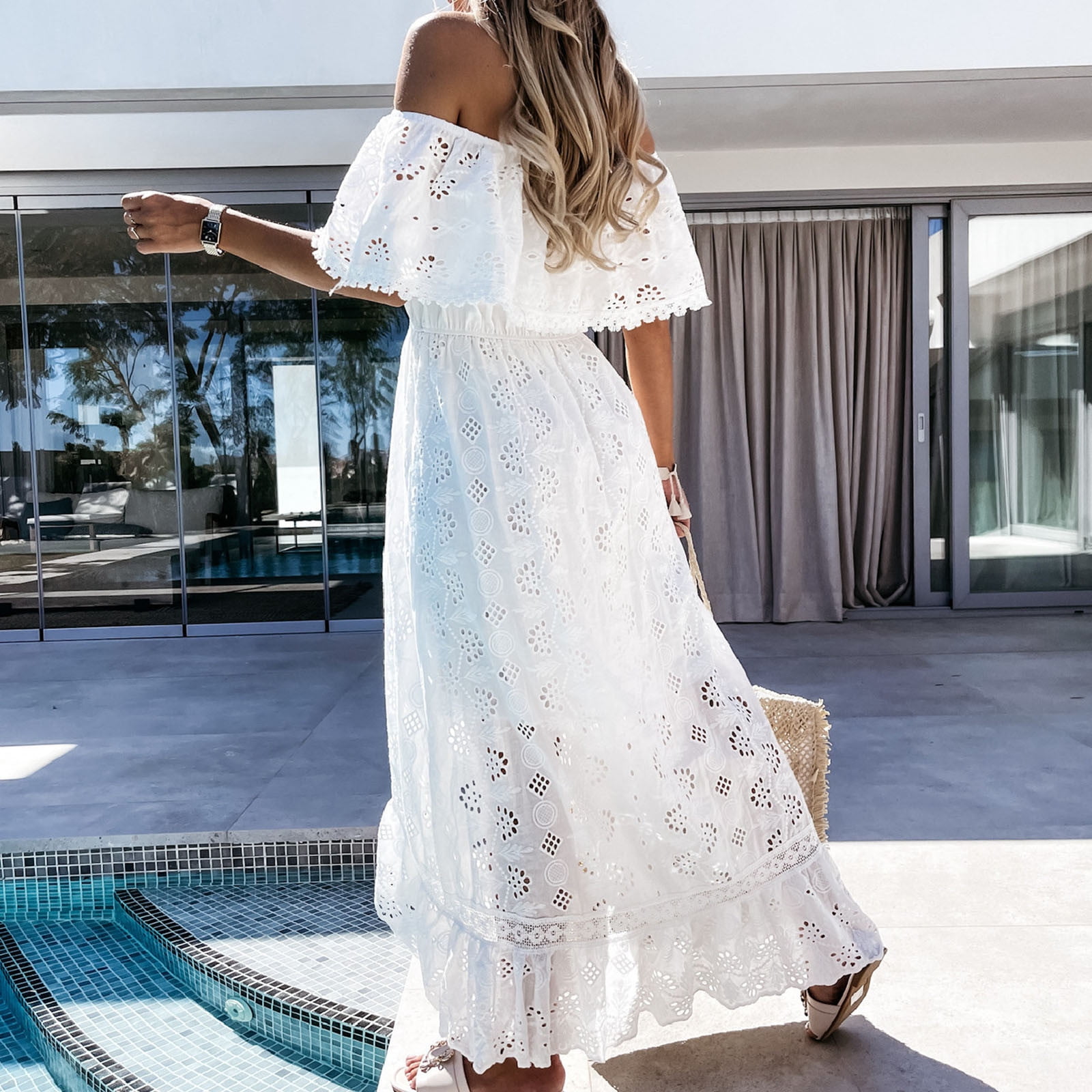 AREDC Women Off Shoulder White Party Dress Plus Size Lace Long Sleeve Front  Split Elegant Ladies Clubwear Dresses Autumn M White: Buy Online at Best  Price in UAE - Amazon.ae