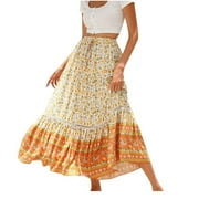 MHOXUTO Women's Boho Elastic High Waist Skirts Summer Casual Beach Floral Print Maxi Skirts Pleated Ruffle Hem Flowy A Line Skirt