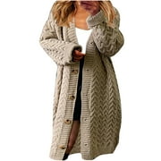 MHOXUTO Womens Long Cardigan Fall 2024 Chunky Cable Knit Open Front Sweaters Oversized Button Up Coats with Pockets
