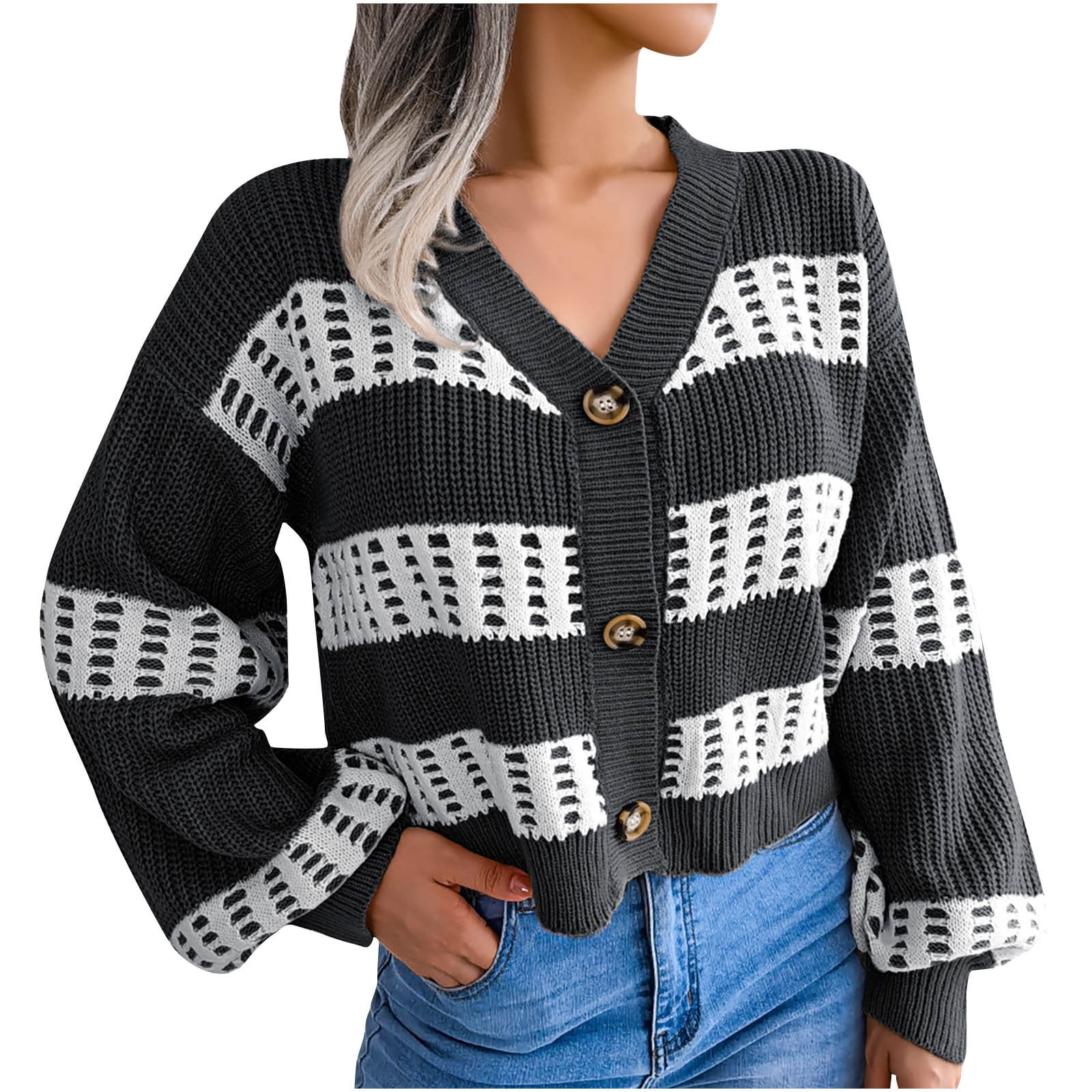 Mhoxuto Womens Striped Cardigan Sweaters Long Sleeve V Neck Knit