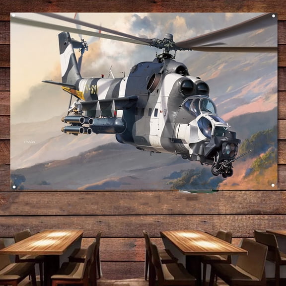 Mi-24 35 Mk.III Super Hind Attack Helicopter Wall Decor Tapestry - 38" x 57" Attack Aircraft Canvas Print Art Poster - Air Force Banner Wall Hanging Flag - Aviation Military Artwork For Army Fans