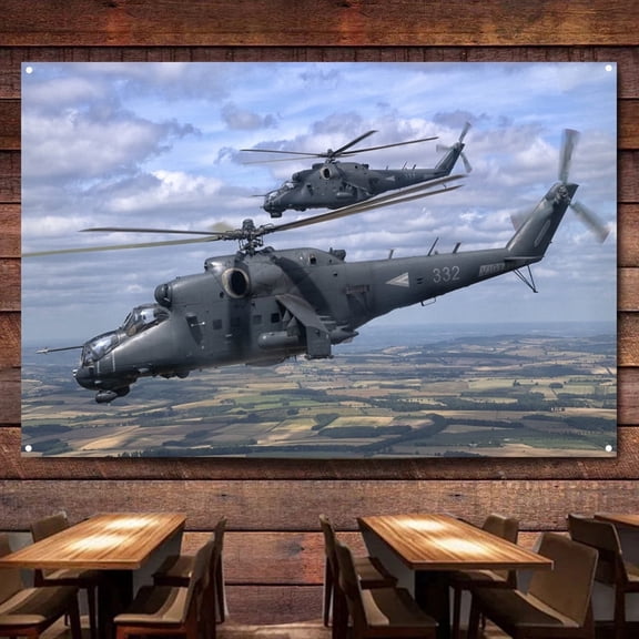 Mi-24P Hind-F Attack Helicopter Poster Canvas Painting For Wall Decor 38" x 57" Aircraft Aviation Military Art Banner Tapestry Wall Hanging Flag With Four Metal Ring Buckles