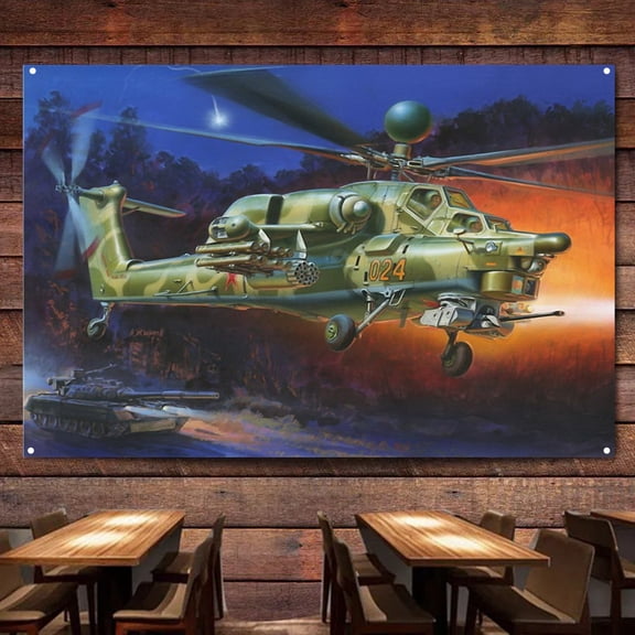 Mi-28N Attack Helicopter Banner Wall Art - 38" x 57" Aviation Military Artwork with Attack Aircraft Poster Wall Charts - Print Art Flag Tapestry For Room Bar Garage Man Cave Decor