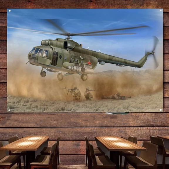 Mi-8 Hip Attack Helicopter Banner Wall Art Canvas Banner - 38" x 57" Aviation Military Artwork with Attack Aircraft Posters - Hanging Flag Tapestry For Air Force Veterans Collection
