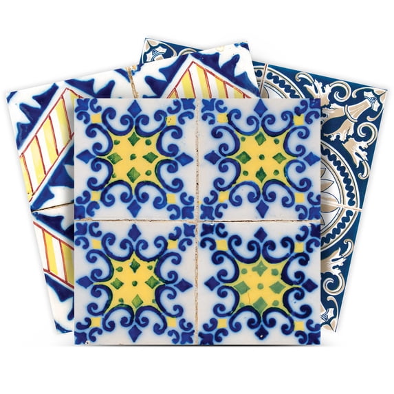 Mi Alma Abstract Blue Yellow Tile Stickers - Removable Vinyl 4x4, 24 pcs