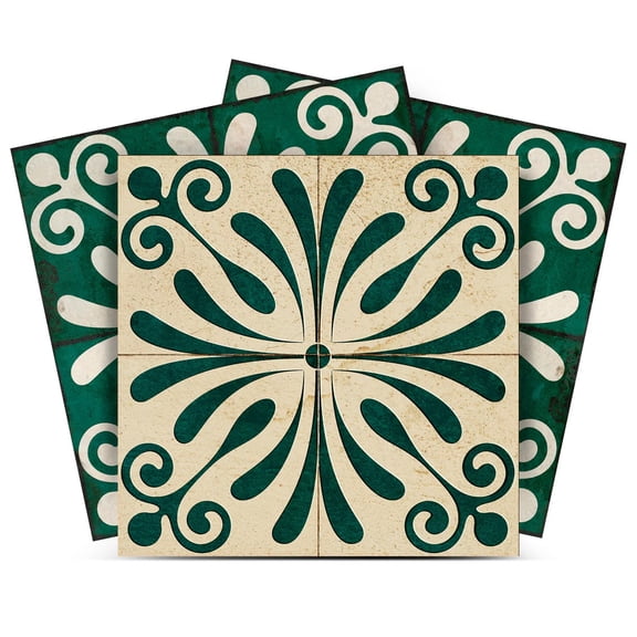 Mi Alma Beige Dark Green Vintage Flower Peel & Stick Vinyl Backsplash Tiles 5x5, 24 pcs