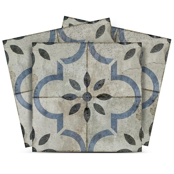 Mi Alma Black Blue Vintage Flower Peel & Stick Tiles - Vinyl Backsplash 8x8