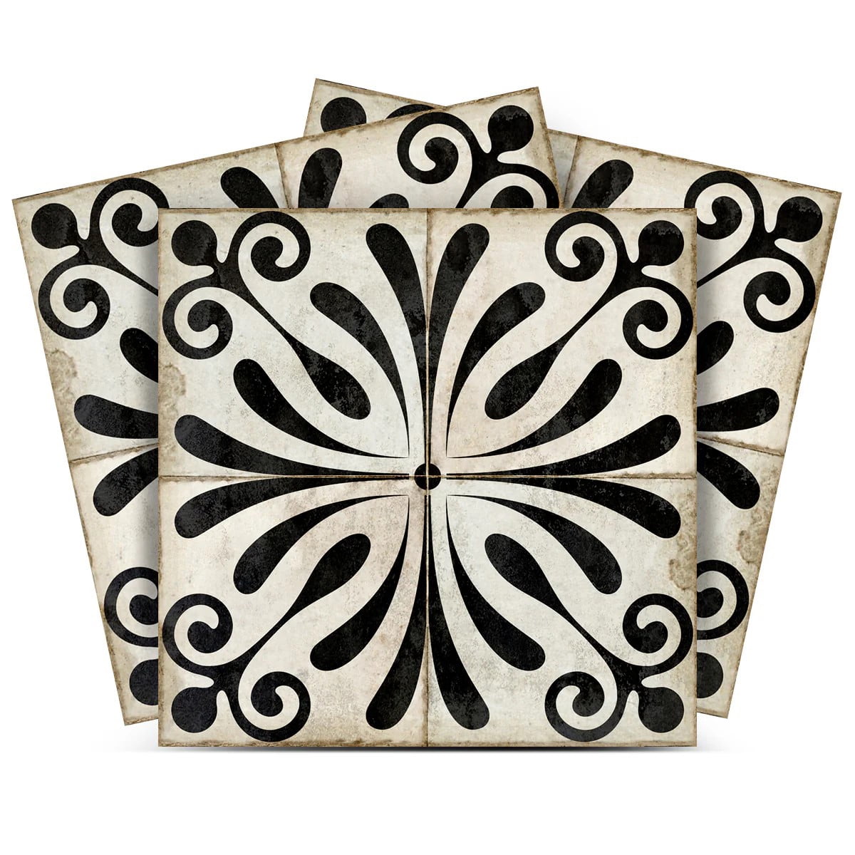 Black and Ivory Vintage Flower Design Vinyl Peel and Stick Tiles, 8x8-inch