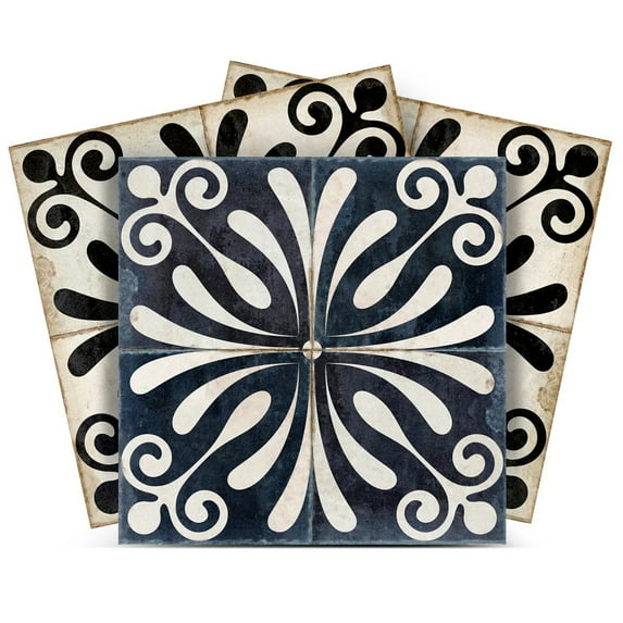Mi Alma Black White Vintage Flower Peel & Stick Vinyl Backsplash Tiles 5x5, 24 pcs