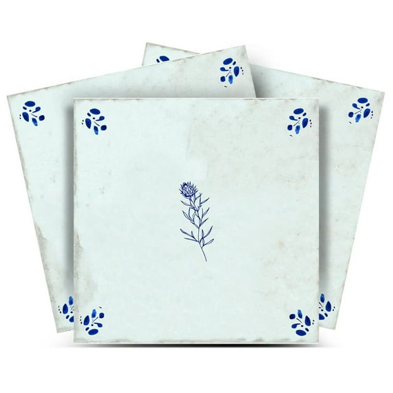 Mi Alma Blue Floral Tile Stickers - Removable Vinyl 4x4, 24 pcs