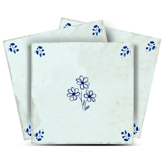 Mi Alma Blue Floral Tile Stickers - Removable Vinyl 4x4, 24 pcs