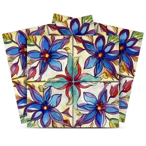 Mi Alma Blue Red Floral Peel & Stick Tiles - Vinyl Backsplash 8x8