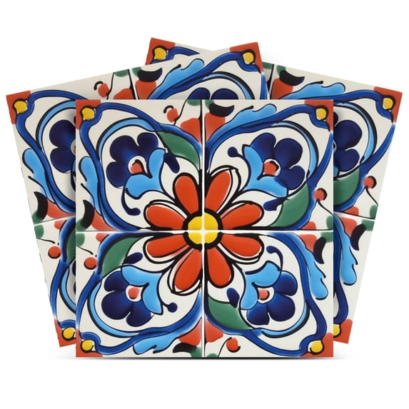 Mi Alma Blue/Red Retro Flower Peel & Stick Vinyl Backsplash Tiles 5x5, 24 pcs