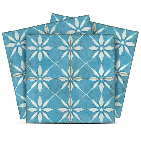 Mi Alma Blue White Floral Peel & Stick Vinyl Backsplash Tiles 5x5, 24 pcs