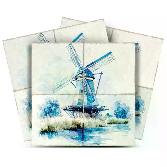 Mi Alma Blue Windmill Tile Stickers - Removable Vinyl 4x4, 24 pcs