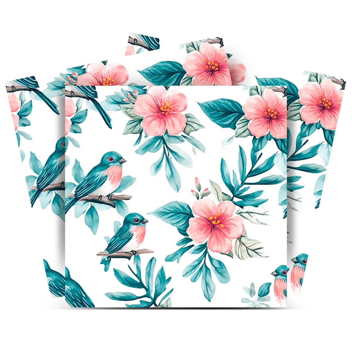 Seagreen and Pink Floral Bird 4x4 Vinyl Tile Stickers