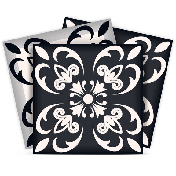 Mi Alma Floral Black Gray Tile Stickers - Removable Vinyl 4x4, 24 pcs