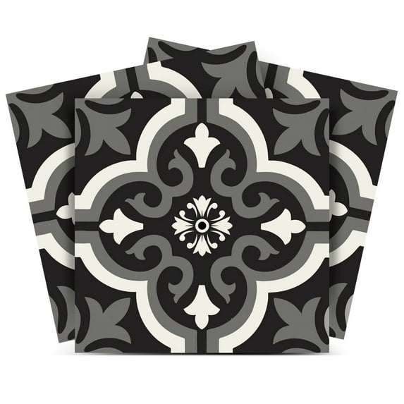 Mi Alma Floral Black Gray Tile Stickers - Removable Vinyl 4x4, 24 pcs