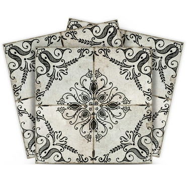 Mi Alma Floral Black Off-White Tile Stickers - Removable Vinyl 4x4, 24 pcs