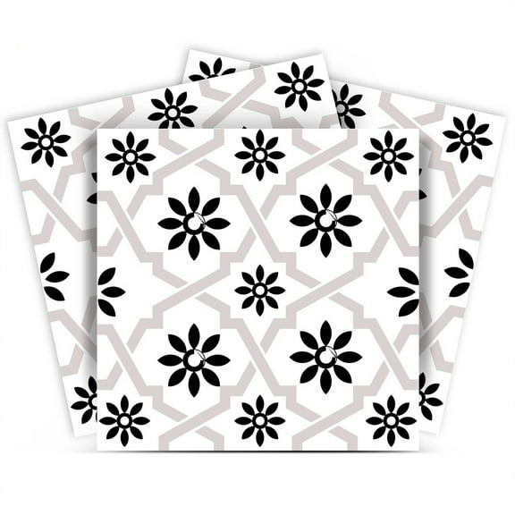 Mi Alma Floral Black White Tile Stickers - Removable Vinyl 4x4, 24 pcs