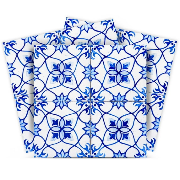 Mi Alma Floral Blue White Tile Stickers - Removable Vinyl 4x4, 24 pcs