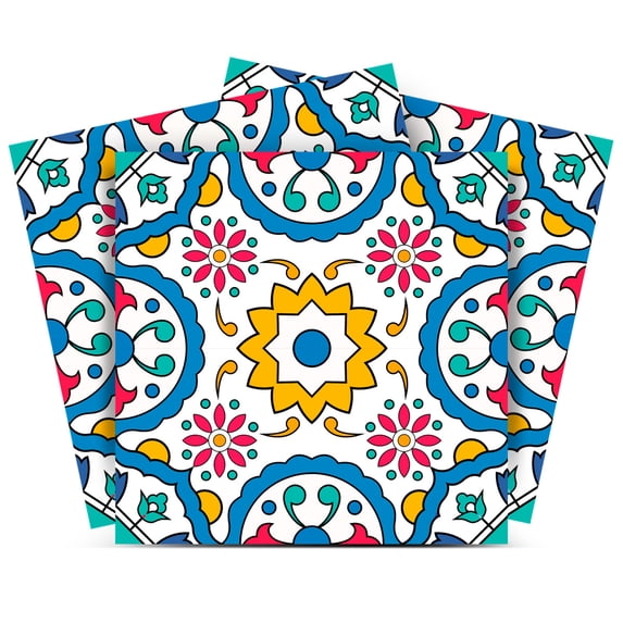 Mi Alma Floral Blue Yellow Tile Stickers - Removable Vinyl 4x4, 24 pcs