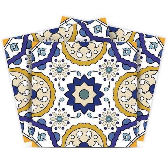 Mi Alma Floral Blue Yellow Tile Stickers - Removable Vinyl 4x4, 24 pcs