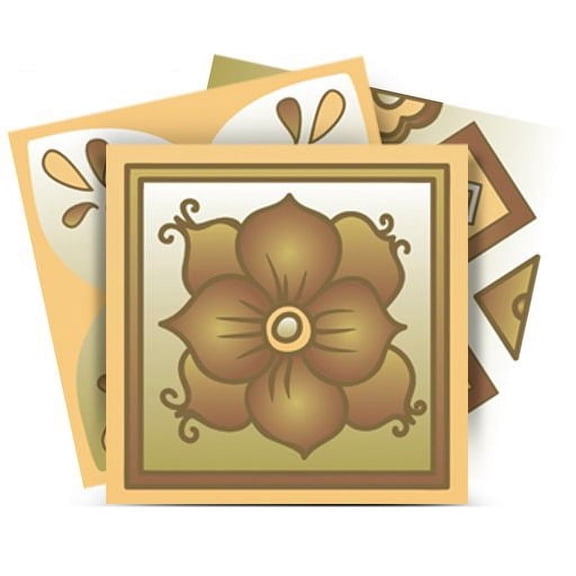 Mi Alma Floral Brown Yellow Tile Stickers - Removable Vinyl 4x4, 24 pcs