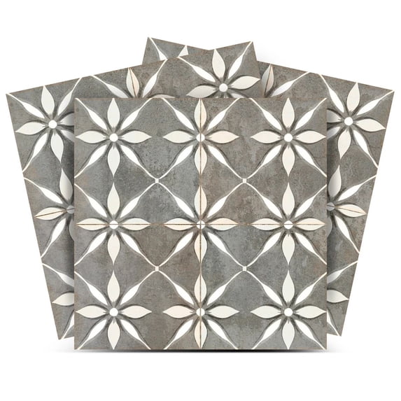 Mi Alma Floral Gray White Tile Stickers - Removable Vinyl 4x4, 24 pcs