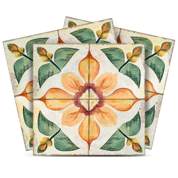 Mi Alma Floral Green Orange Tile Stickers - Removable Vinyl 4x4, 24 pcs