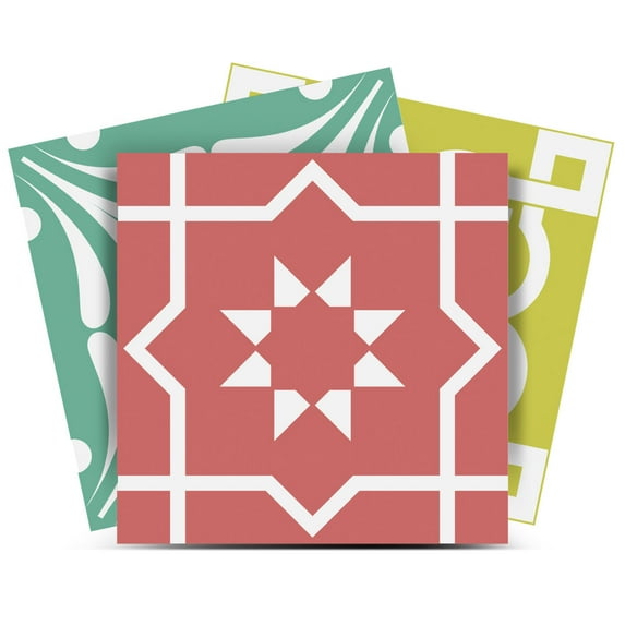 Mi Alma Floral Green Pink Yellow Tile Stickers - Removable Vinyl 4x4, 24 pcs