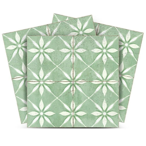 Mi Alma Floral Green White Tile Stickers - Removable Vinyl 4x4, 24 pcs