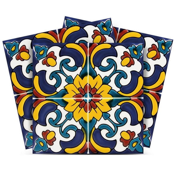 Mi Alma Floral Retro Blue/Yellow Tile Stickers - Removable Vinyl 4x4, 24 pcs