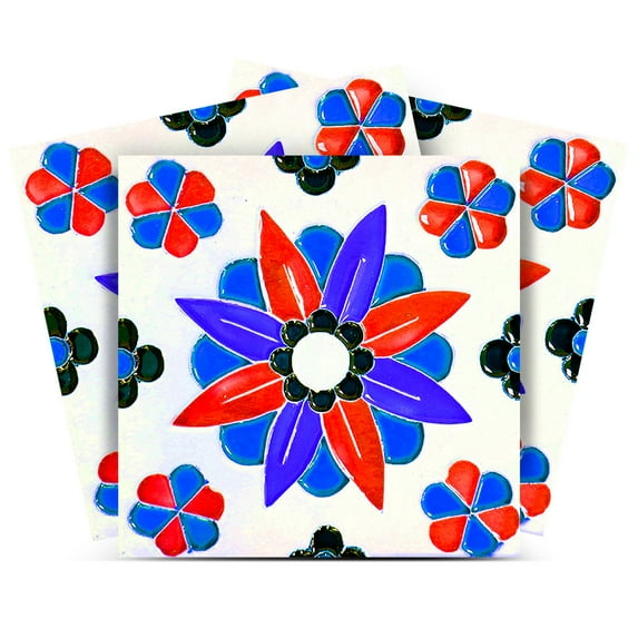 Mi Alma Flower Blue Red Tile Stickers - Removable Vinyl 4x4, 24 pcs