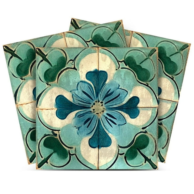 Mi Alma Flower Green Blue Tile Stickers - Removable Vinyl 4x4, 24 pcs