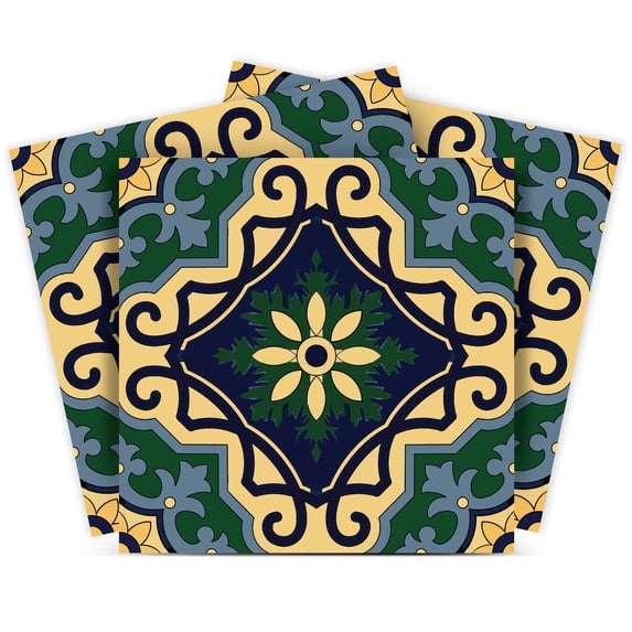 Mi Alma Flower Green Yellow Tile Stickers - Removable Vinyl 4x4, 24 pcs