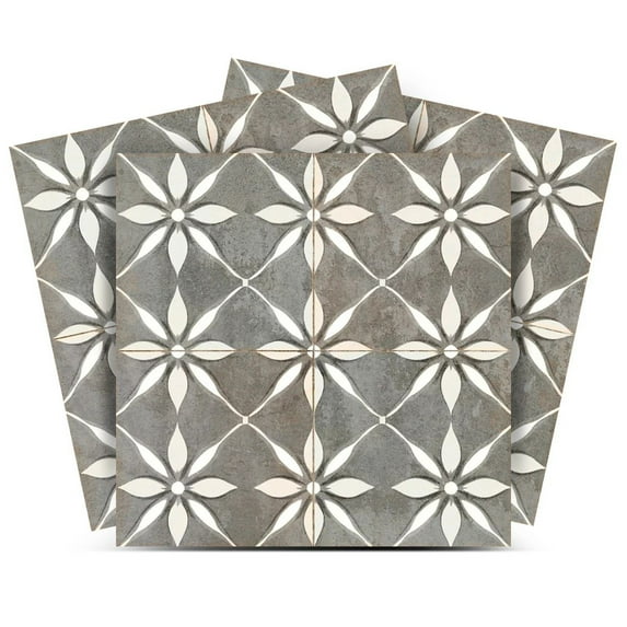 Mi Alma Gray White Floral Peel & Stick Vinyl Backsplash Tiles 5x5, 24 pcs