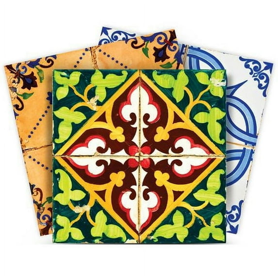 Mi Alma Green Brown Red Spanish Peel & Stick Vinyl Backsplash Tiles 5x5, 24 pcs