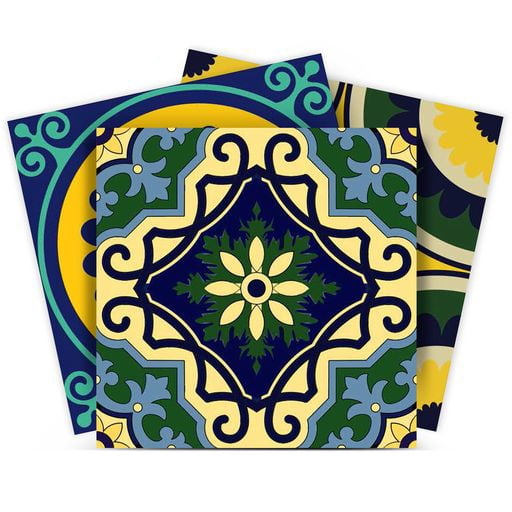 Mi Alma Green Yellow Floral Peel & Stick Vinyl Backsplash Tiles 5x5, 24 pcs