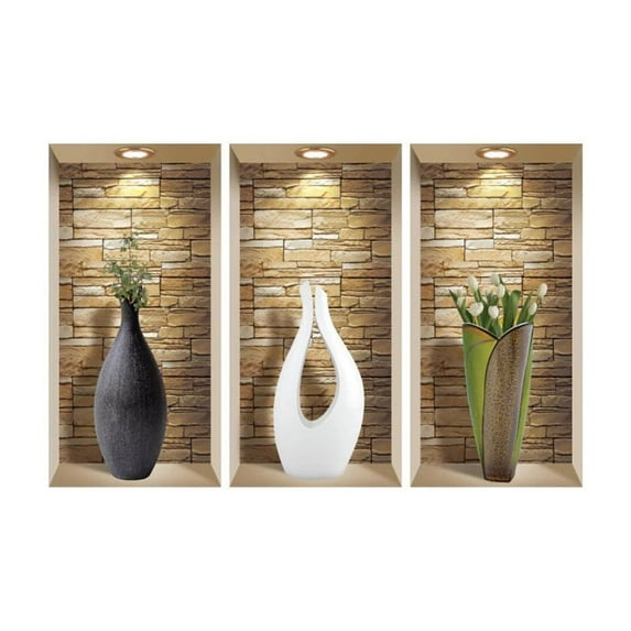 Mi Alma Multicolor Vase 3D Niche Vinyl Wall Decals For Home and Office, 3pcs