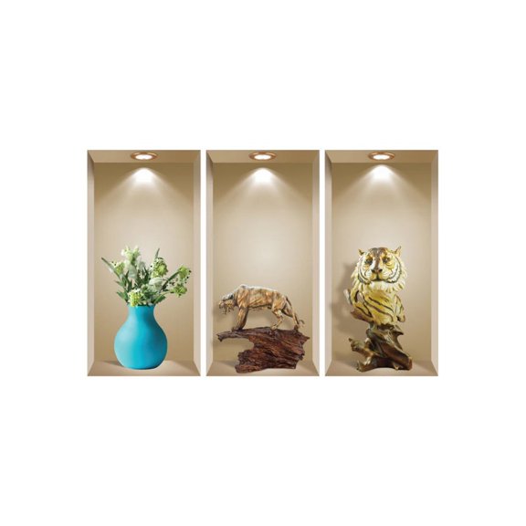 Mi Alma Multicolor Vase Tiger 3D Niche Vinyl Wall Decals For Home and Office, 3pcs
