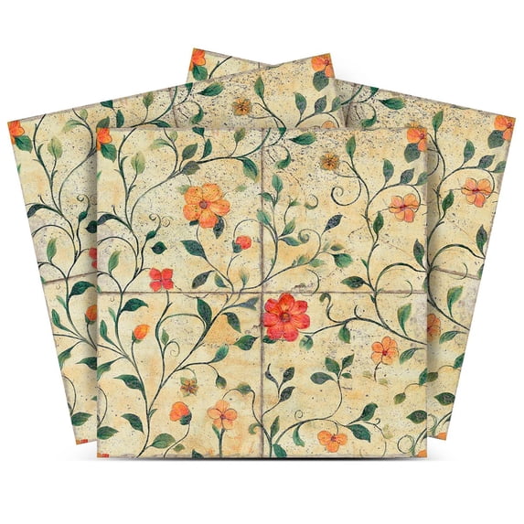Mi Alma Orange Green Flower Peel & Stick Vinyl Backsplash Tiles 5x5, 24 pcs