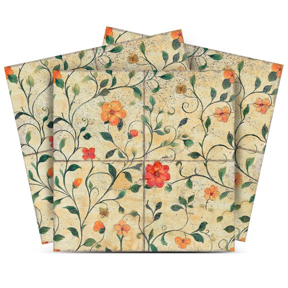 Mi Alma Orange Green Flower Peel & Stick Vinyl Backsplash Tiles 5x5, 24 pcs
