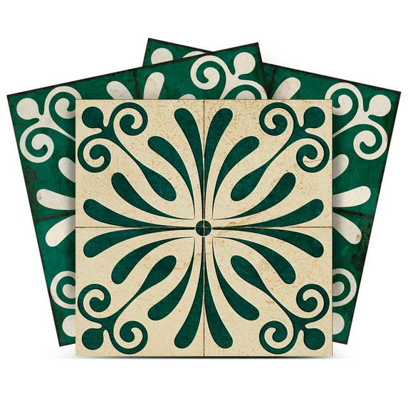 Mi Alma Peel & Stick Tiles - Beige Dark Green Vintage Flower Vinyl Backsplash 12x12
