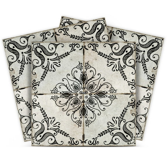 Mi Alma Peel & Stick Tiles - Black Off-White Floral Vinyl Backsplash 12x12